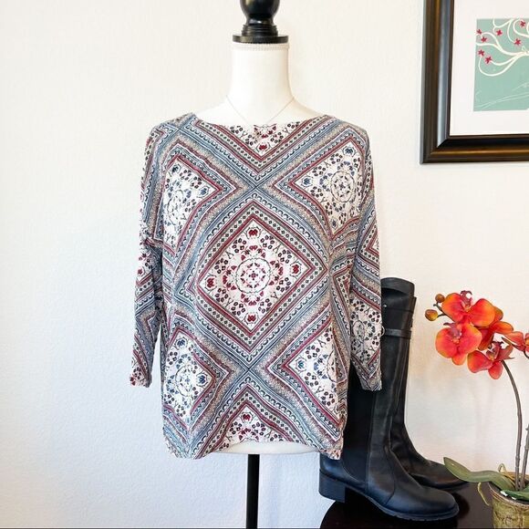 🍋 J. Jill • Tunic Top Womens 3/4 Sleeves Button Back Detail Geometric Pattern - Picture 1 of 10